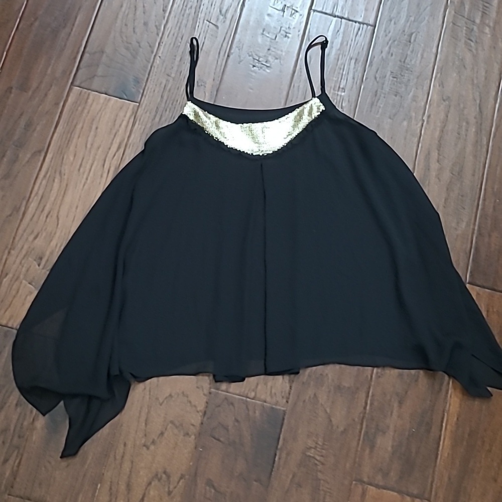 Express Black Sleeveless Top with Gold Sequin Accent & Flowy Overlay size Medium